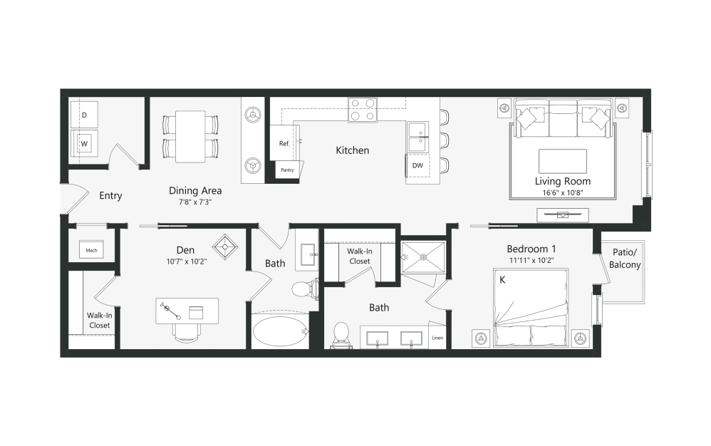 A6S - 1 bedroom floor plan layout with 2 bathrooms and 1115 square feet